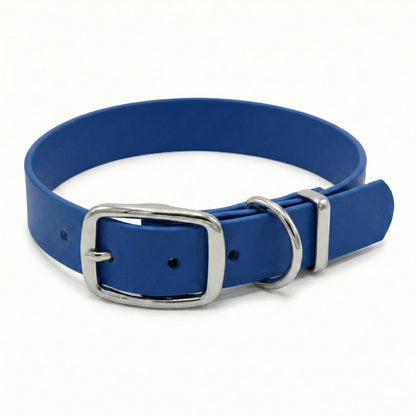 collared creatures navy blue biothane collar on white background