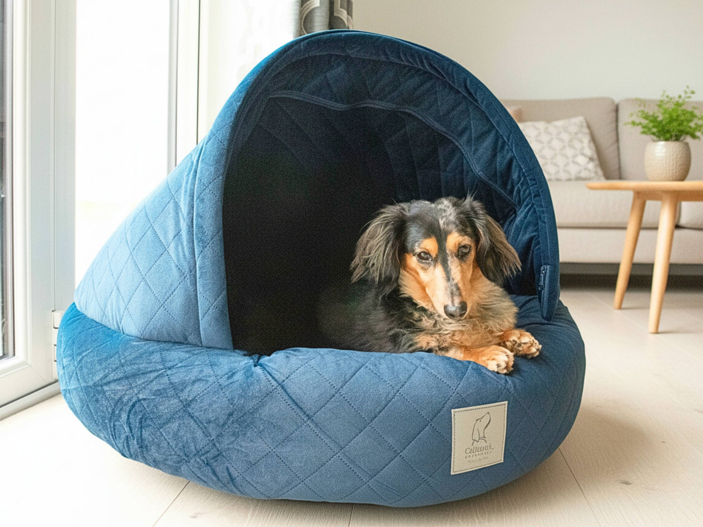 Dachshund relaxing inside a navy Collared Creatures cave dog bed in a bright living room
