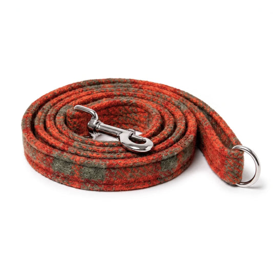 A coiled red and green plaid woolen dog leash with a silver metal clasp and ring, photographed on a clean white background.