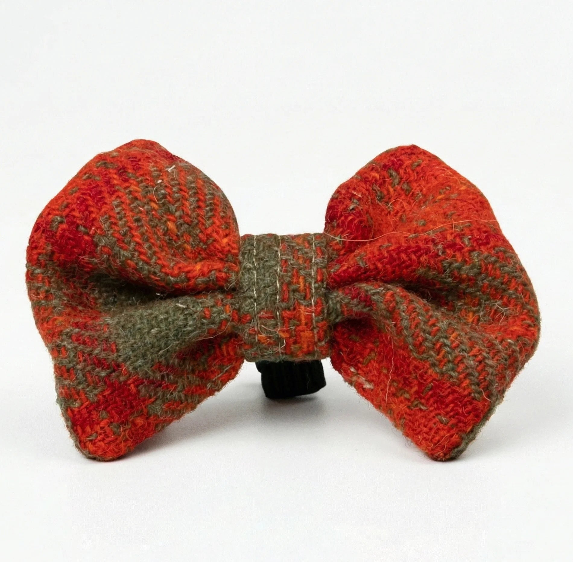 Orange and olive check Harris Tweed dog bow tie on white background