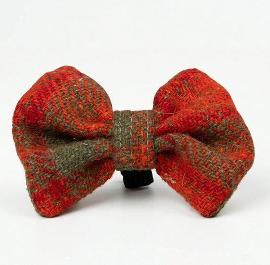 Orange and olive check Harris Tweed dog bow tie on white background
