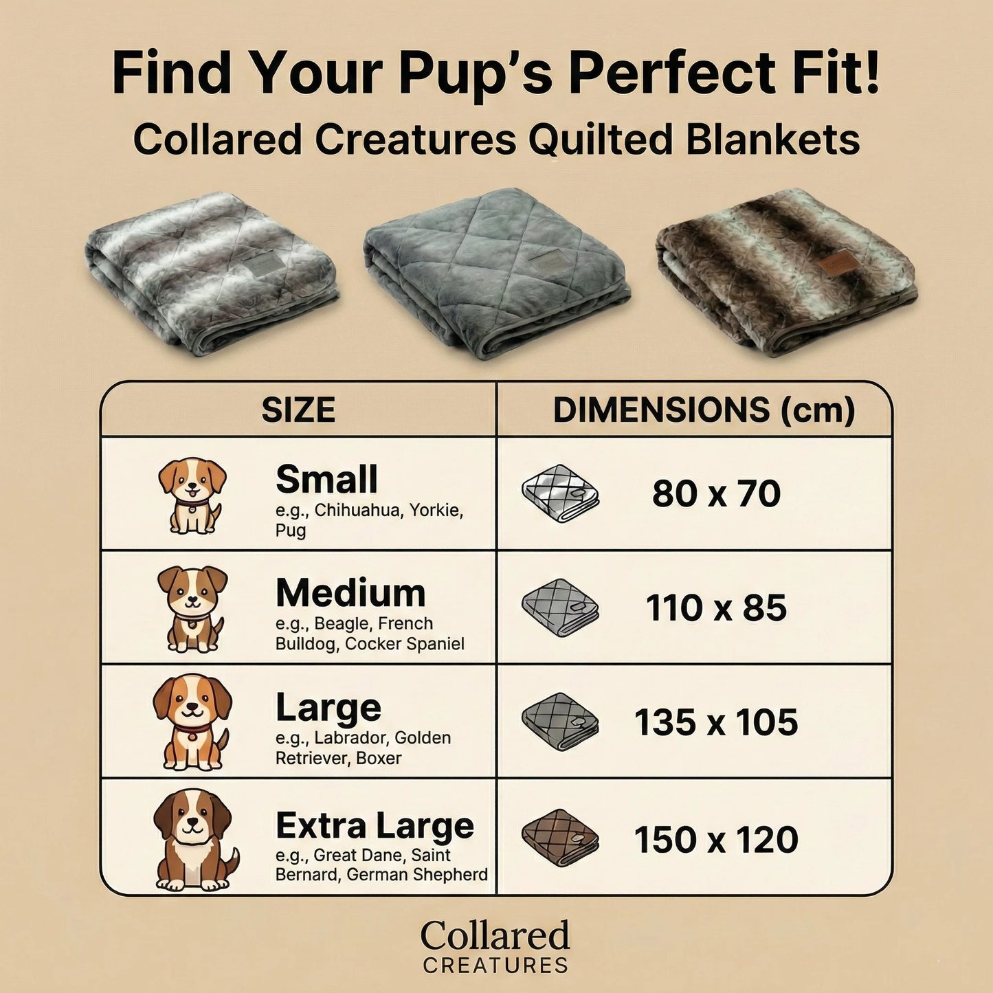 Collared Creatures quilted blankets with size chart on a beige background