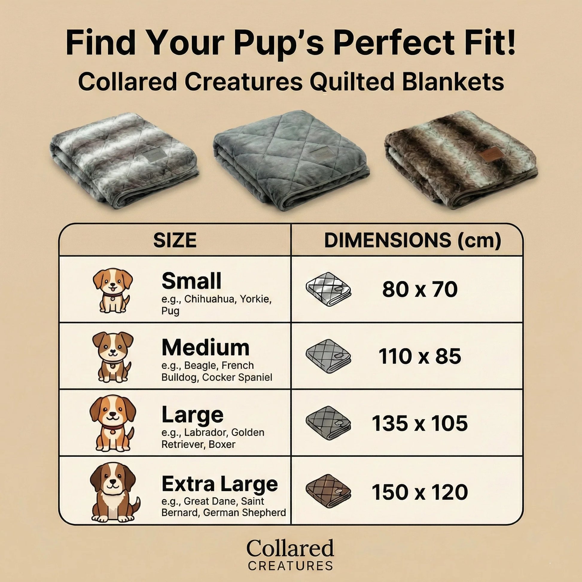 Collared Creatures quilted blankets with size chart on a beige background