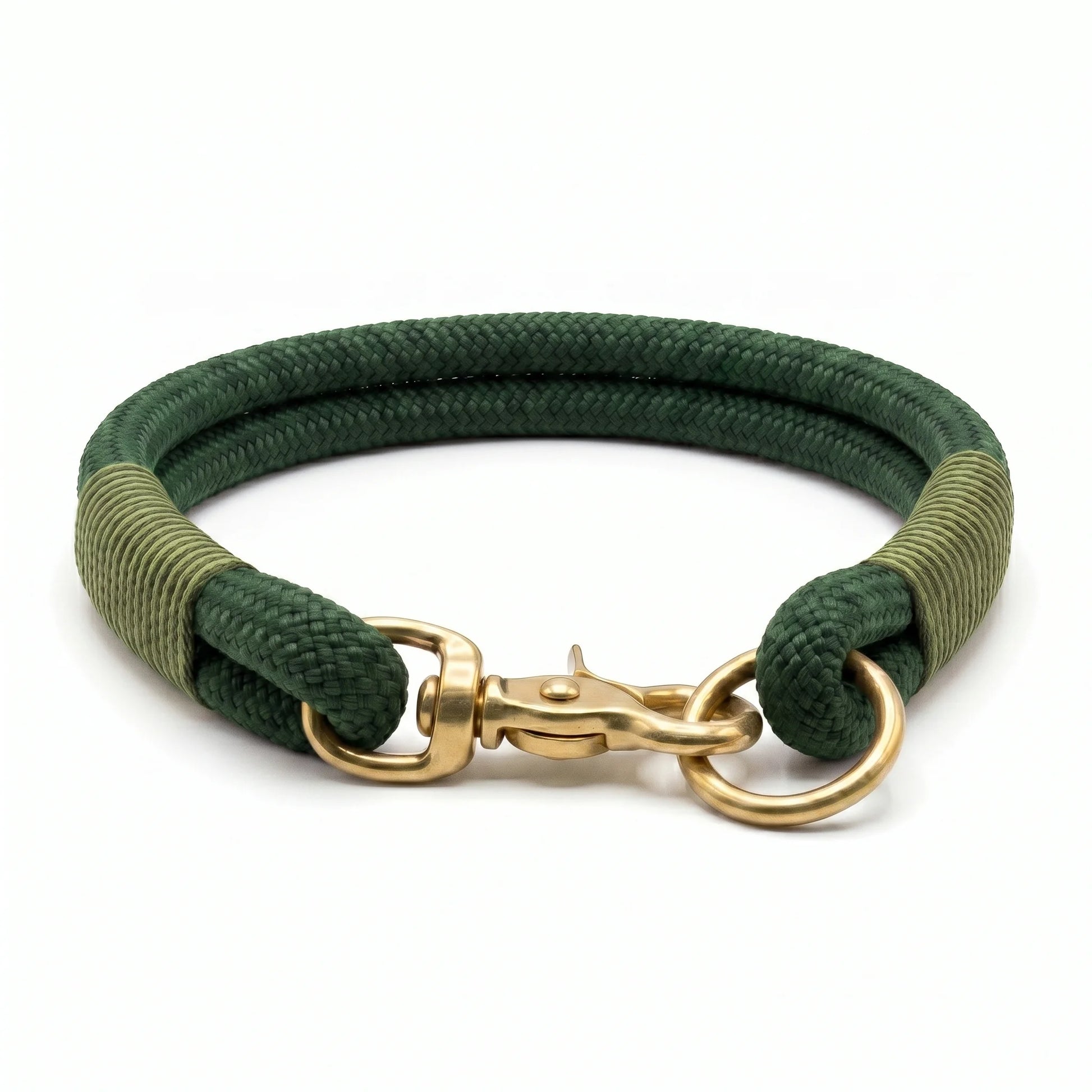 Green whipped dog rope collar with gold clasp on a white background