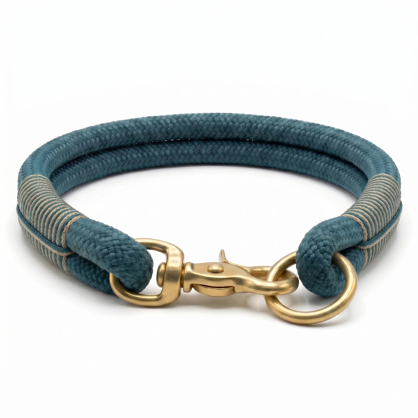 Blue braided dog collar with gold clasp on a white background