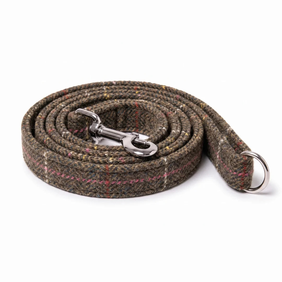 A coiled dog leash made of brown tweed fabric with a subtle multicolor plaid pattern and silver metal hardware, shown on a white background.
