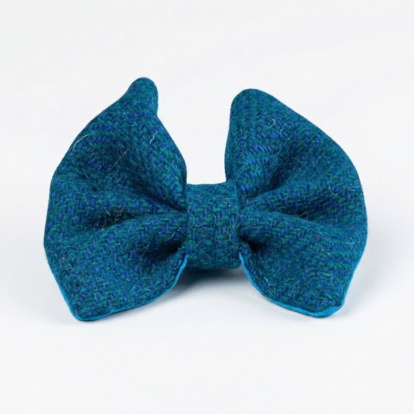 Teal herringbone Harris Tweed dog bow tie on white background