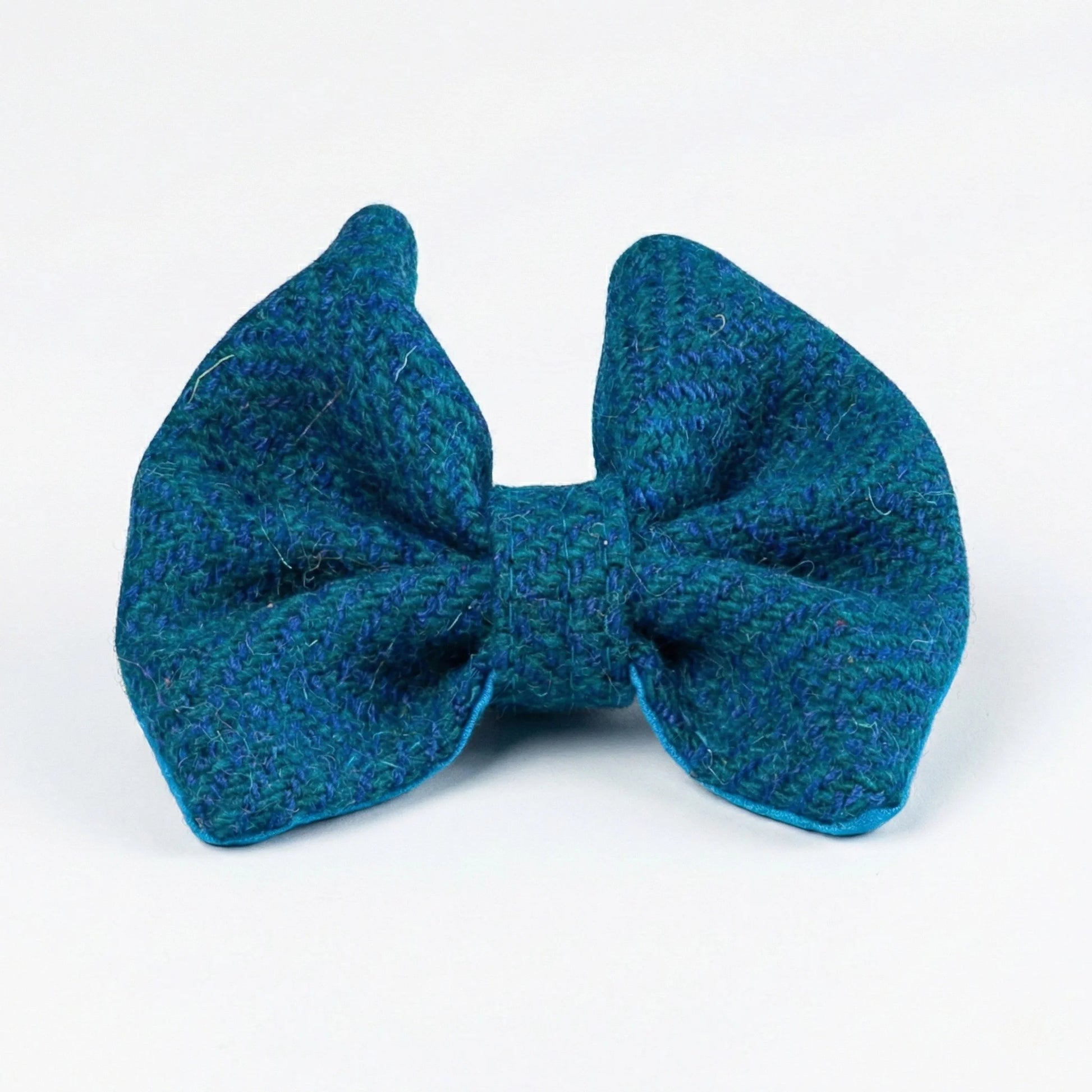 Teal herringbone Harris Tweed dog bow tie on white background