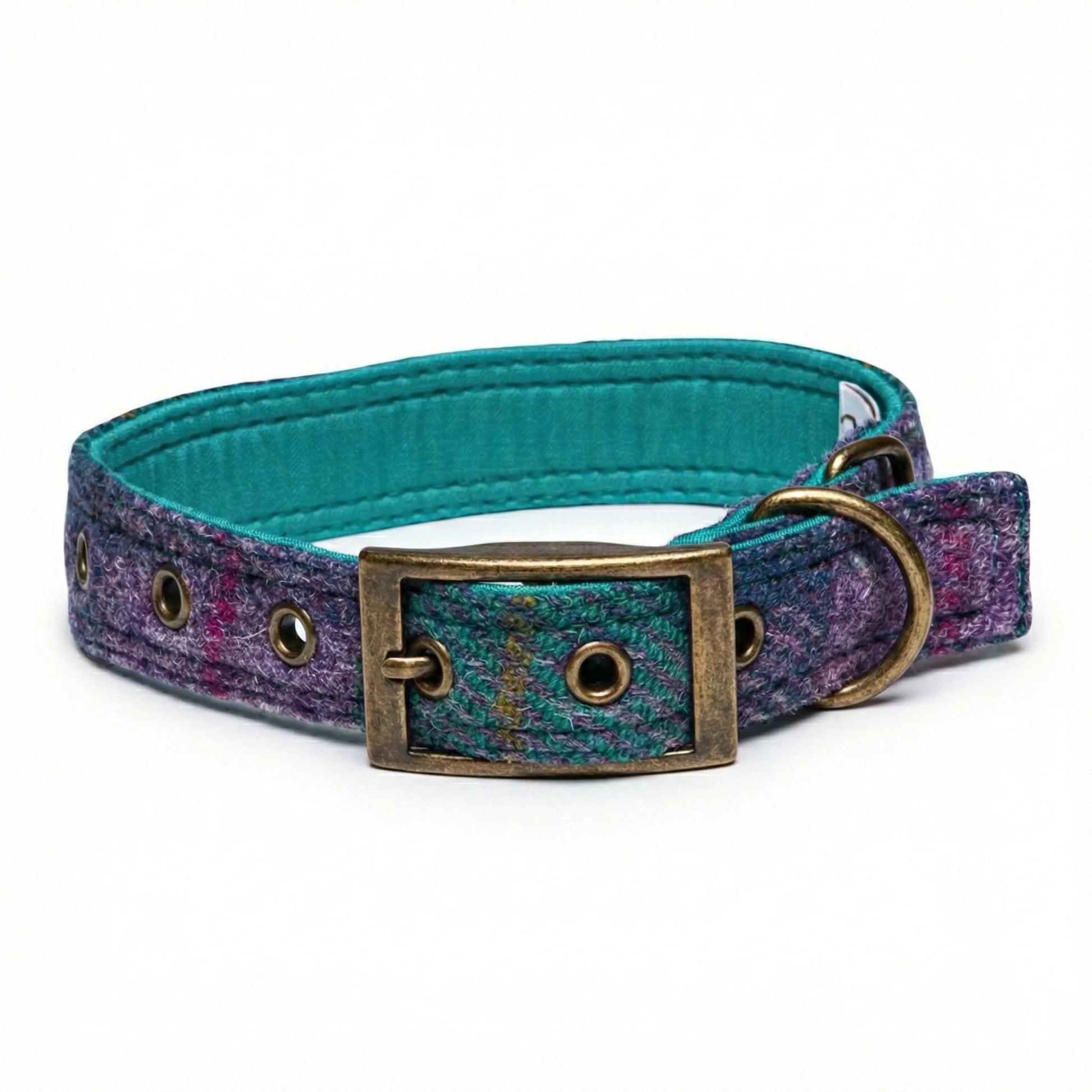 Teal & Lilac Check - Buckle Fastening Luxury Harris Tweed Dog Collar - Collared Creatures LTD