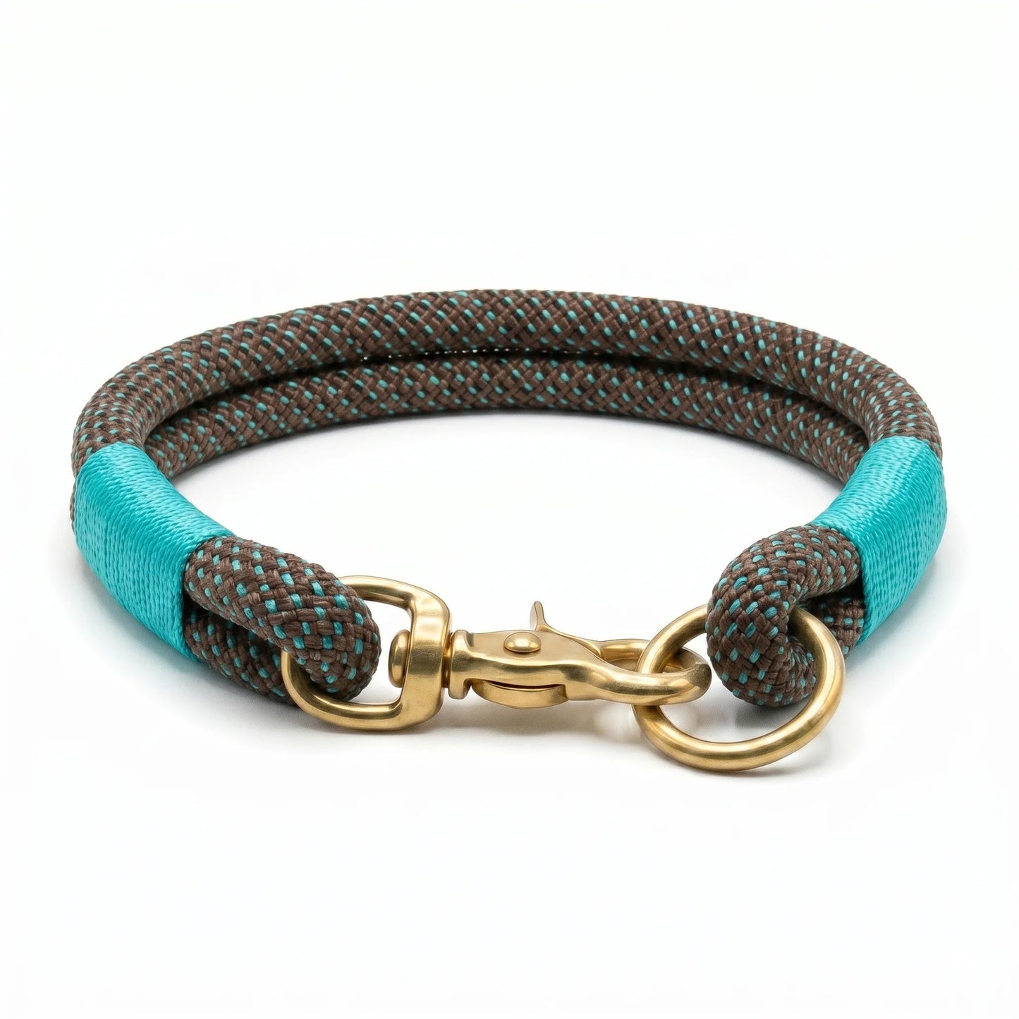 Rope dog collar with gold clasp front view on a white background
