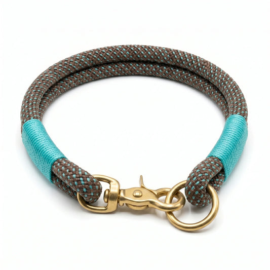 Rope dog collar with gold clasp on a white background