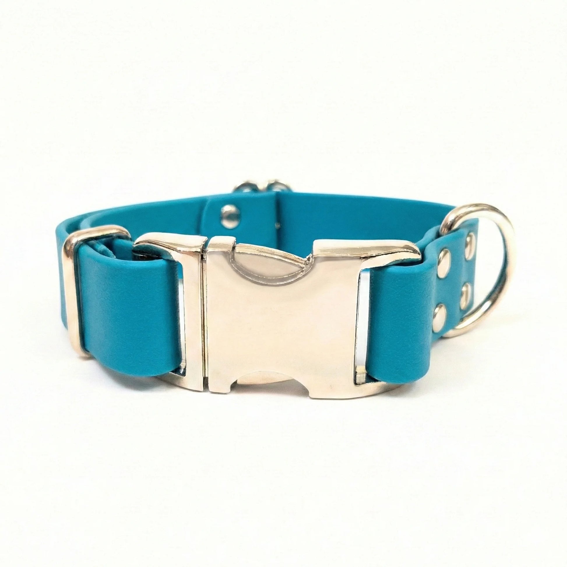 collared creatures biothane clasp dog collar in turquoise on white background