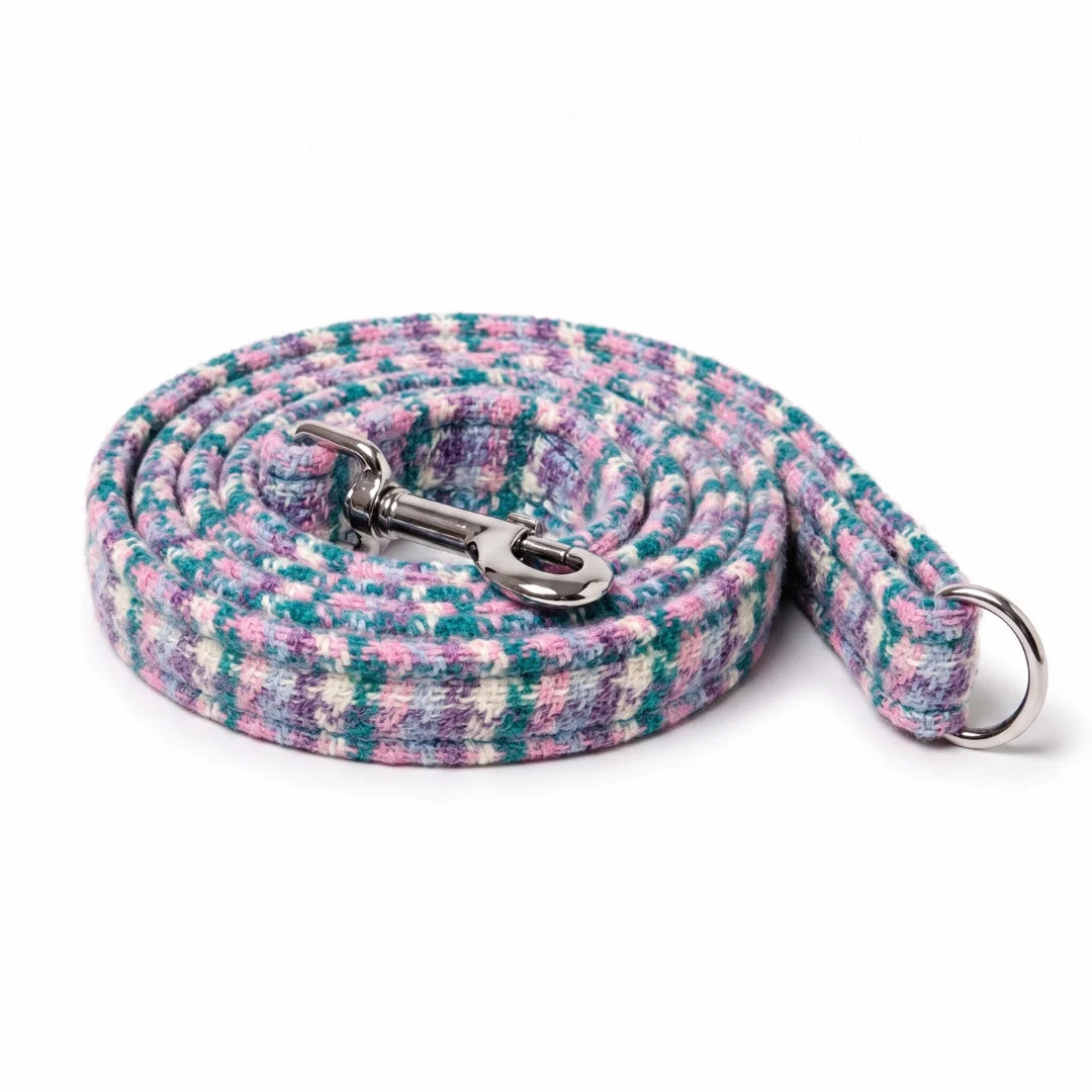 A woven dog leash with a multicolor pattern of pink, teal, purple, and white, featuring a silver metal snap hook and a silver D-ring, shown on a white background.