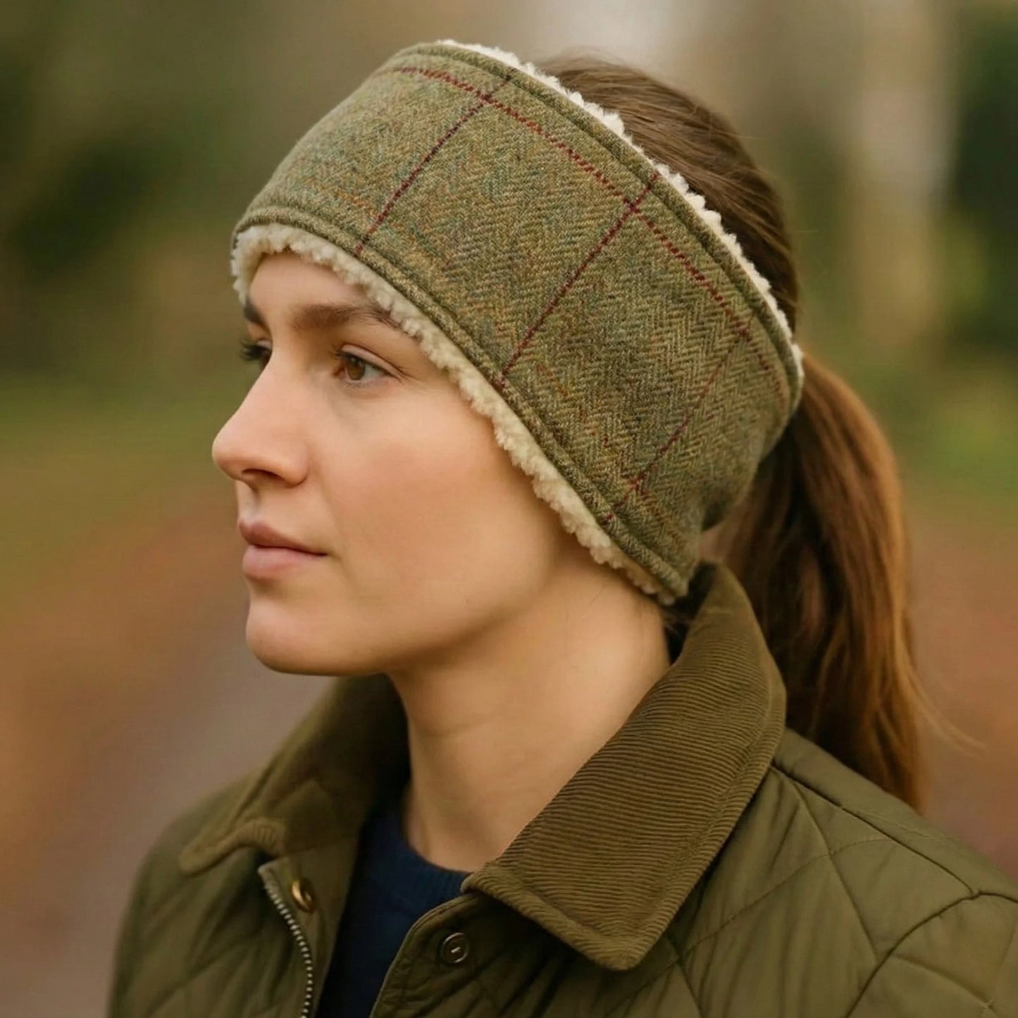 Woman wearing a green plaid headband and brown jacket outdoors