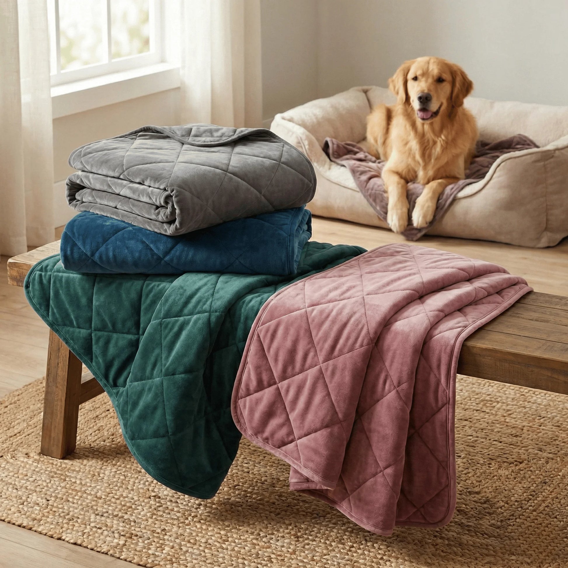 Stack of colorful quilted blankets on a wooden bench with a dog sitting on a cushion in the background.