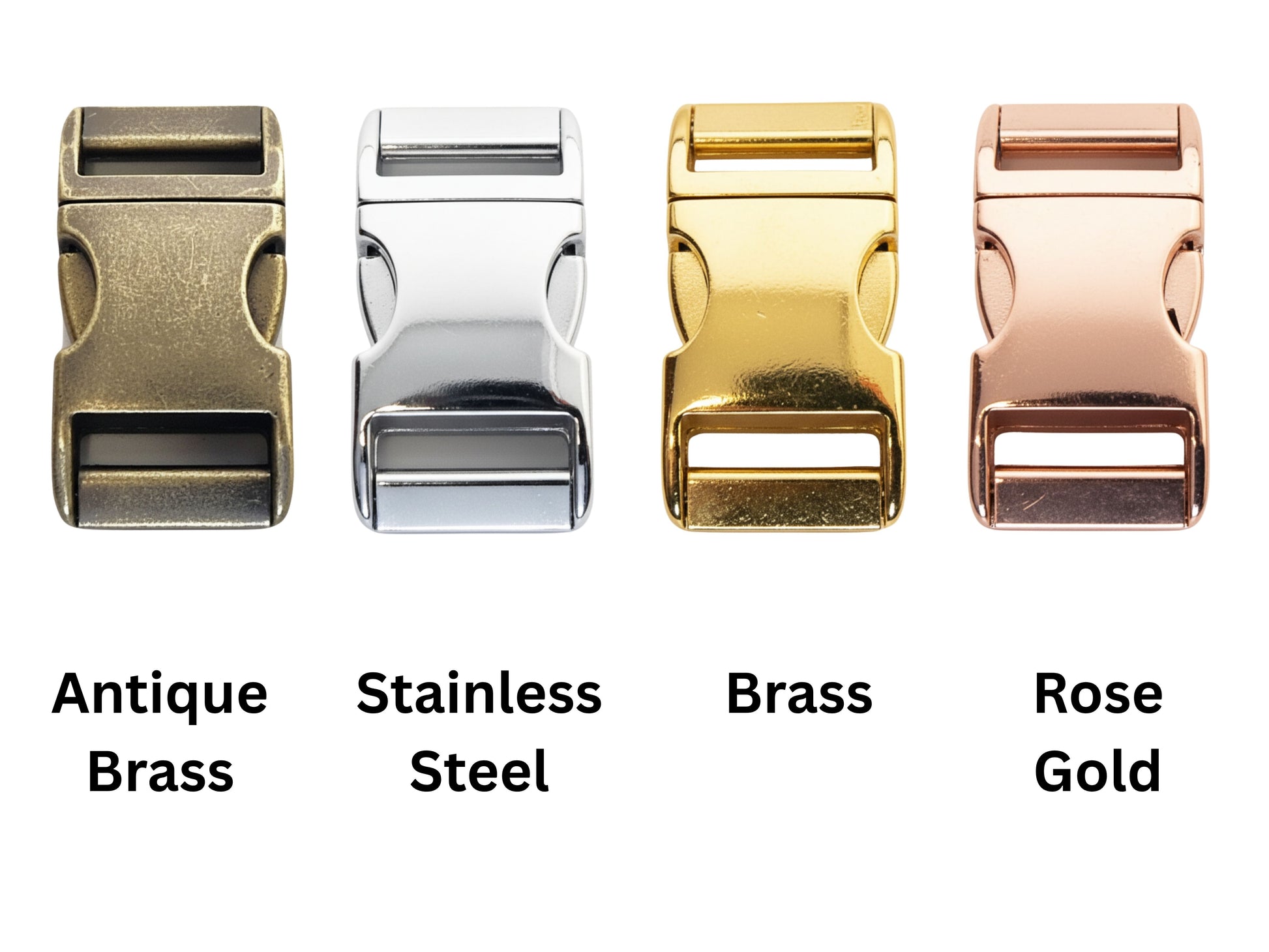 Four metal buckles in different colours on a white background