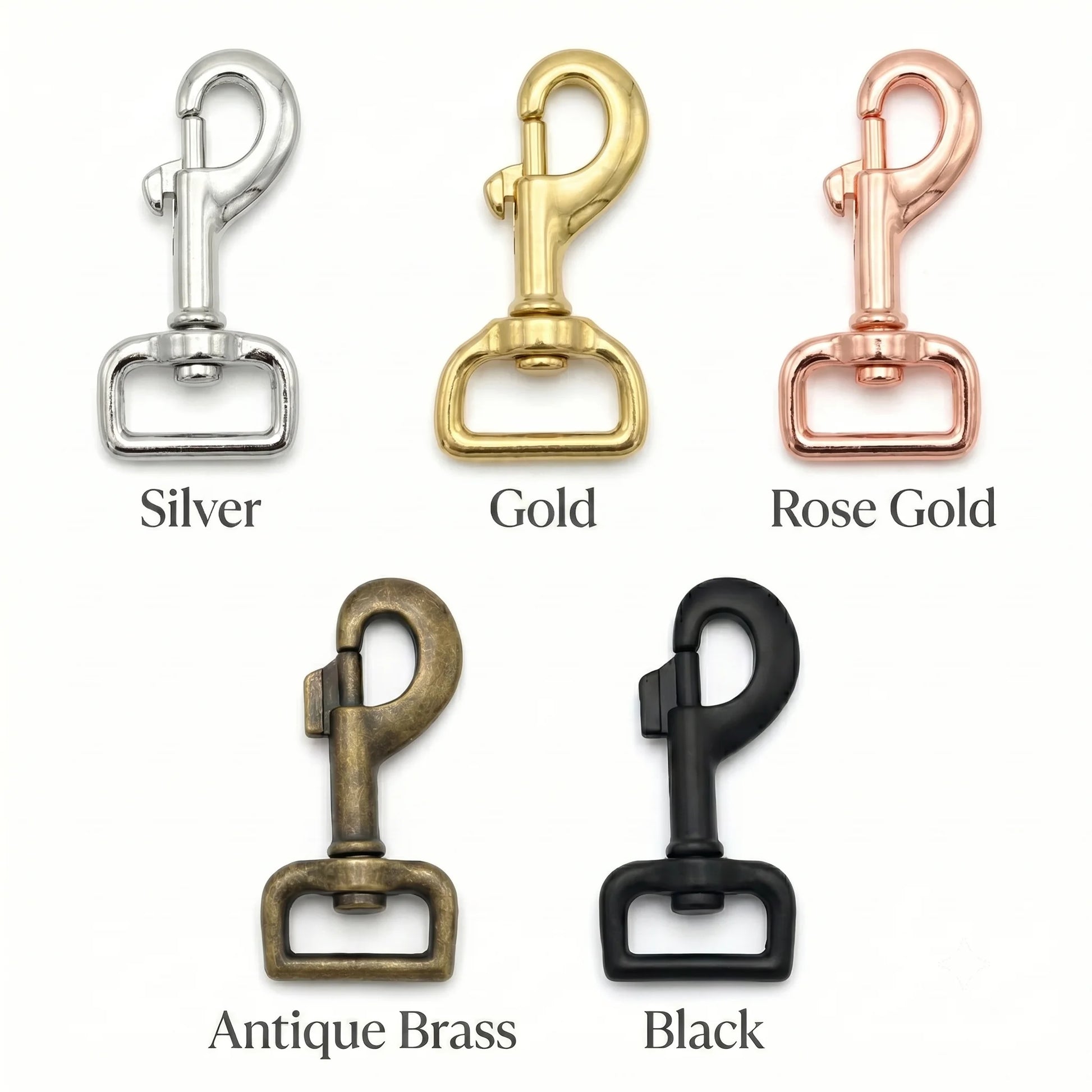 Five metal clasp options in silver, gold, rose gold, antique brass, and black on a white background.