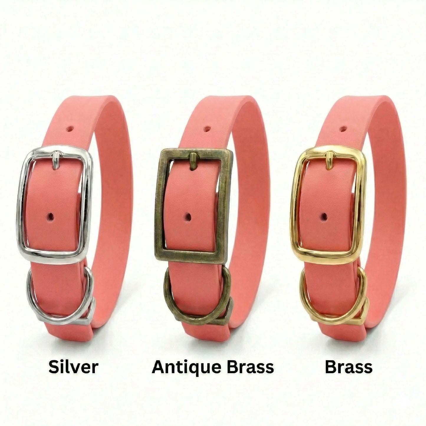 Three coral dog collars with silver, antique brass, and brass buckles on a white background.
