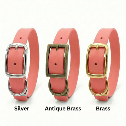 Three coral dog collars with silver, antique brass, and brass buckles on a white background.