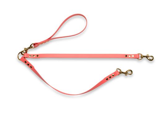 Coral waterproof Biothane double dog lead, tangle-free and easy to clean