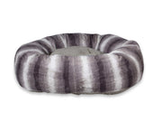 Close-up of luxury grey donut dog bed in plush faux fur finish