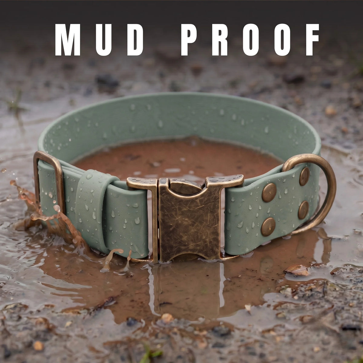 country green waterproof dog collar, mud proof and standing in wet mud