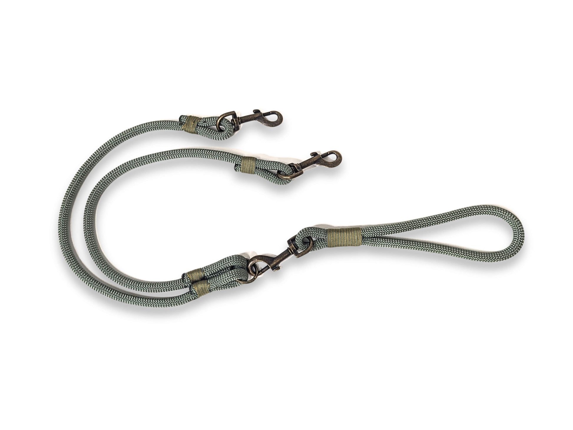 Country green handmade double dog lead with split rope and custom whipping and hardware options