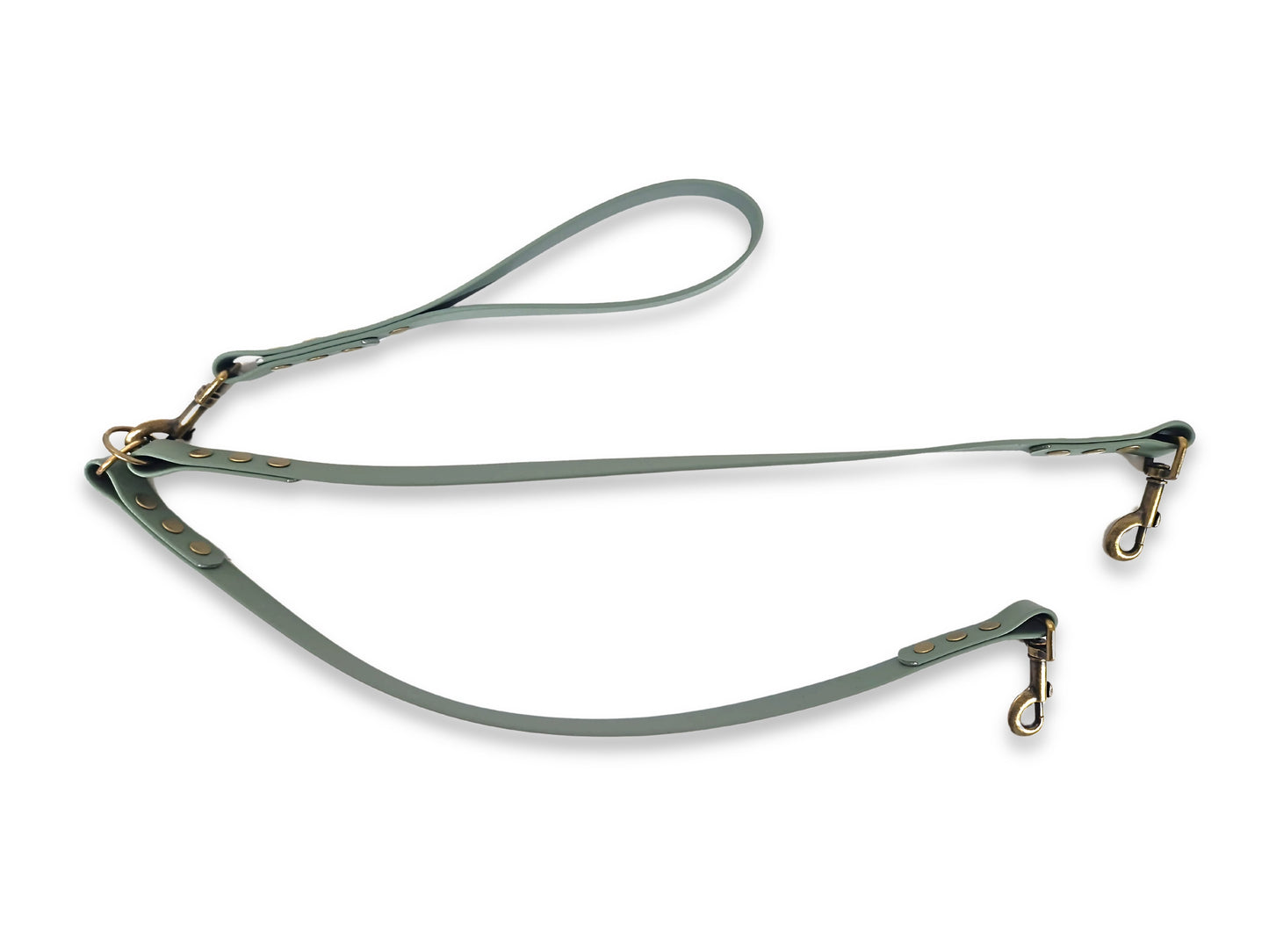 Country Green waterproof Biothane double dog lead for walking two dogs at once, handmade in the UK