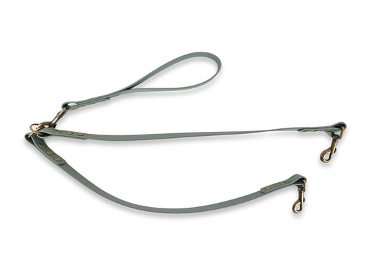 Country Green waterproof Biothane double dog lead for walking two dogs at once, handmade in the UK