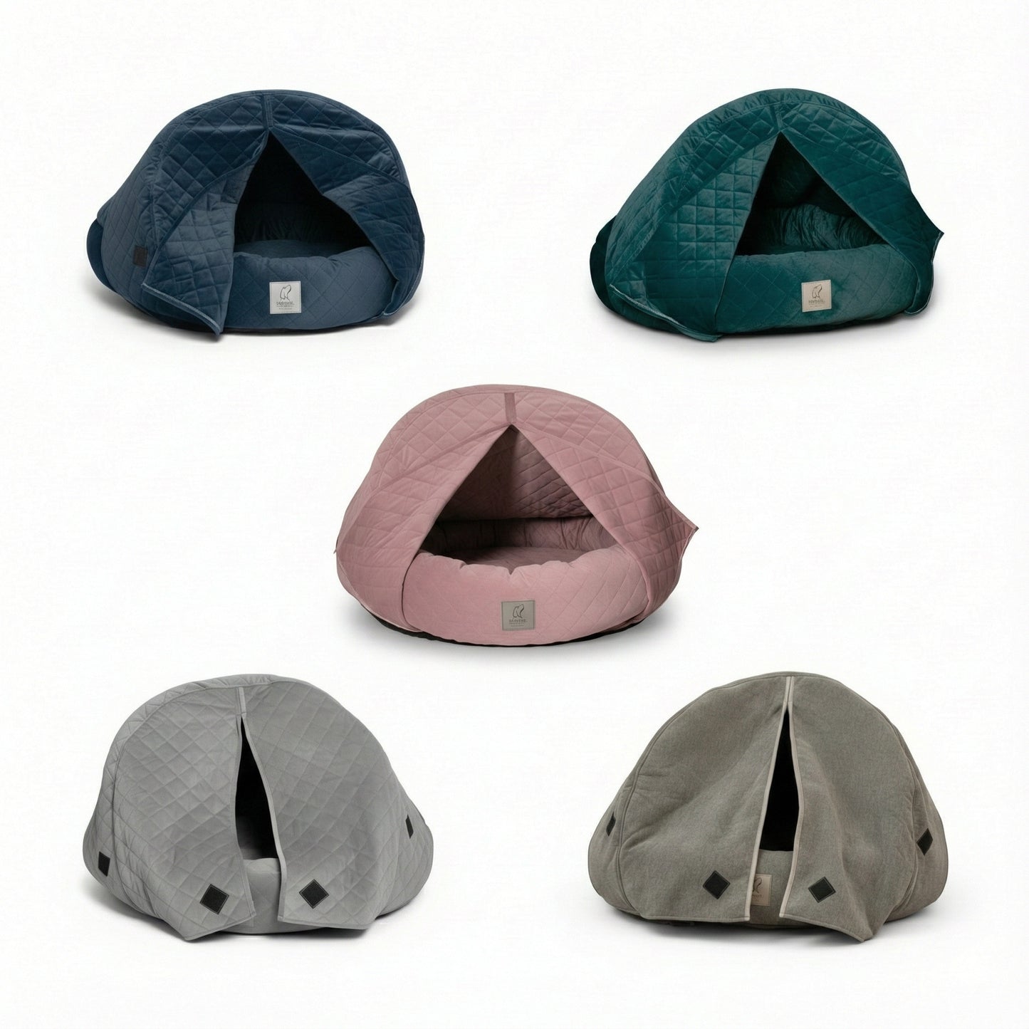 Five different colored pet beds on a white background