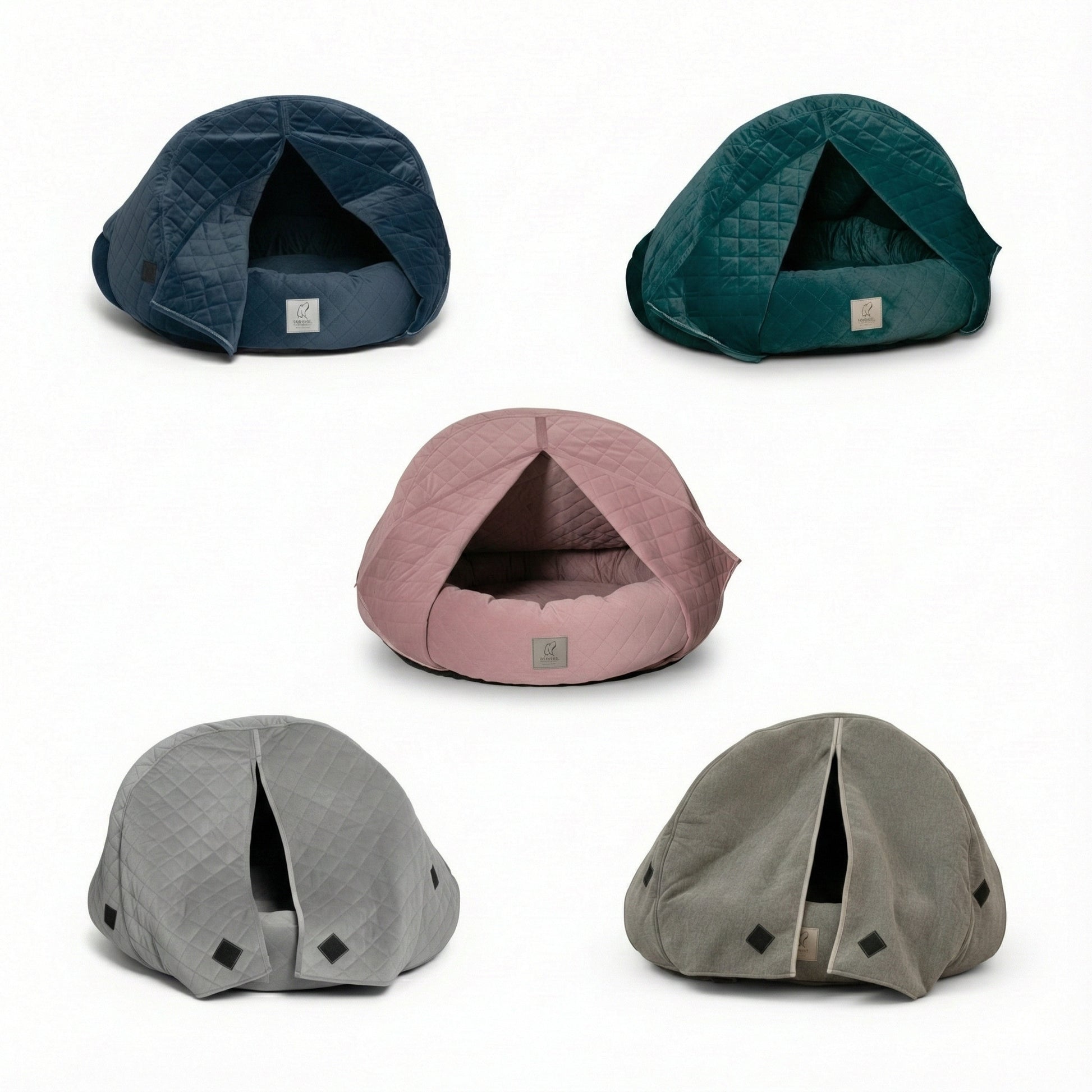 Five different colored pet beds on a white background