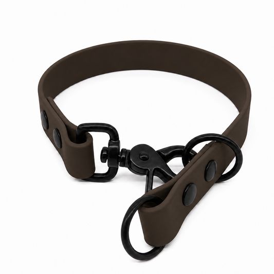 A dark brown biothane dog collar with matte black hardware, including a swivel snap closure, o-rings.