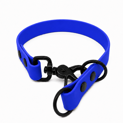 Electric blue biothane collar with black metal hardware, including a swivel clasp and o rings