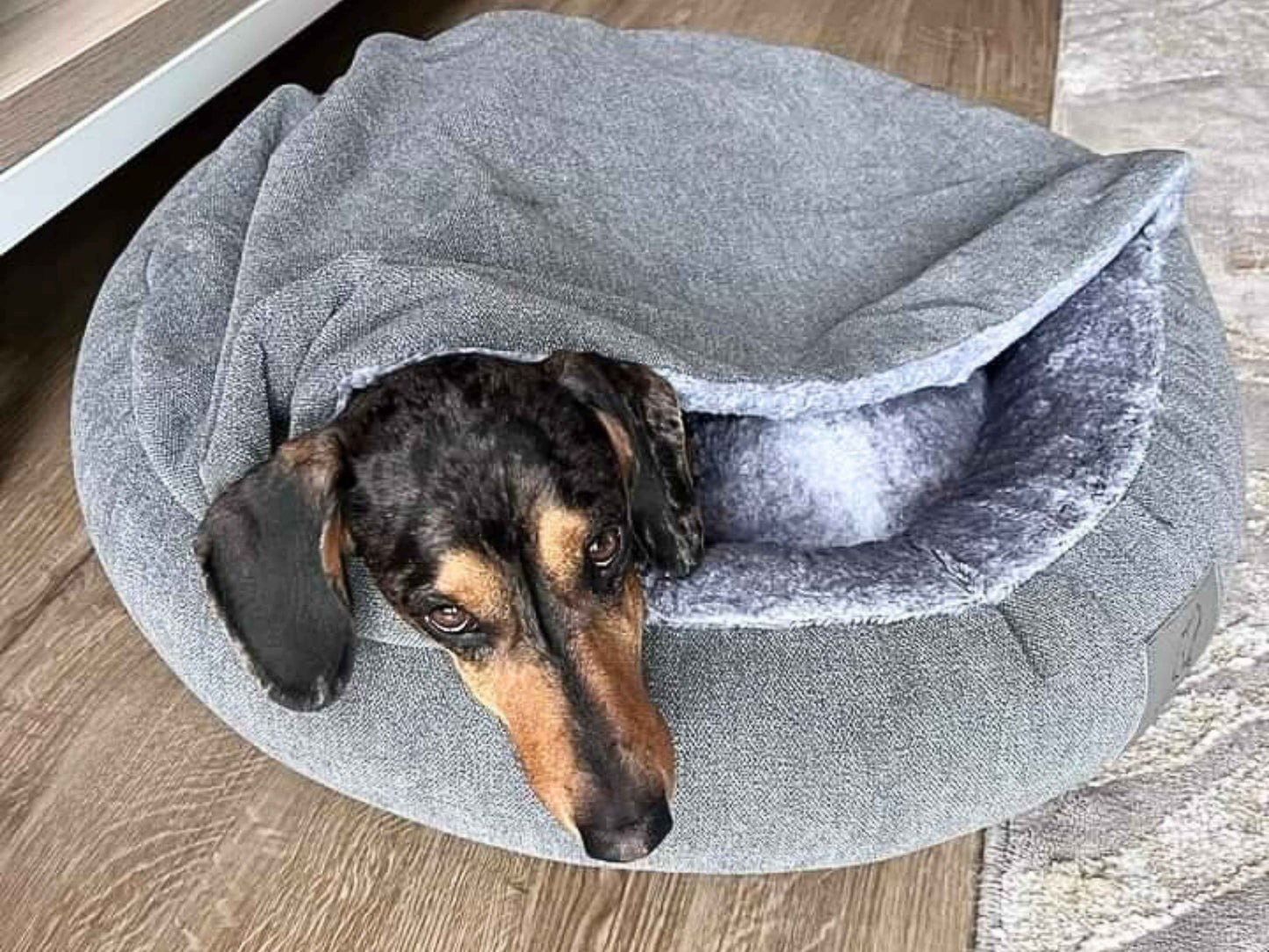 Grey Deluxe Comfort Cocoon Dog Bed with New Grey Faux Fur Interior