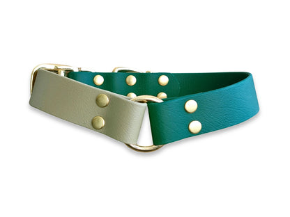 Adjustable Biothane dog collar in Dark Green & Beige Multicolour – waterproof and easy to clean – by Collared Creatures