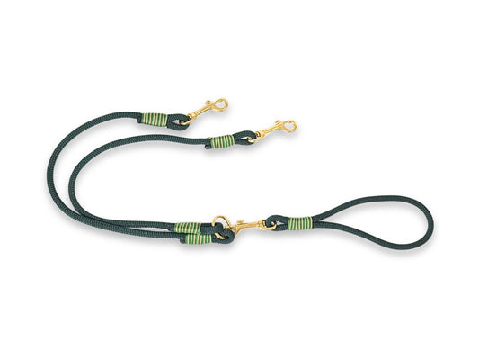 Dark green handmade rope lead for two dogs with split double clip design