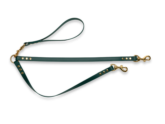 Dark Green waterproof Biothane double dog lead, weatherproof and tangle-free
