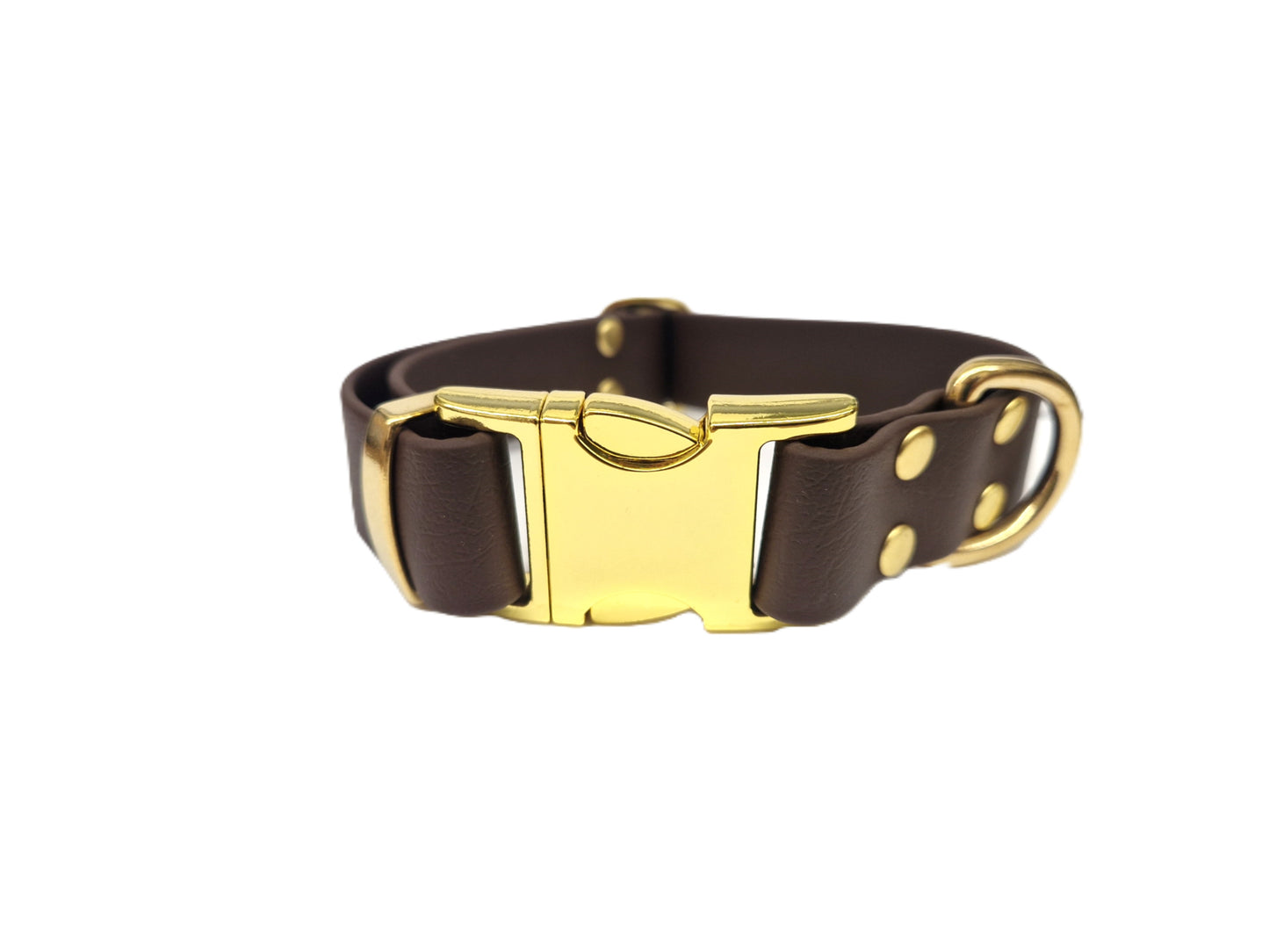 Brown 38mm Biothane dog collar with a gold buckle on a white background