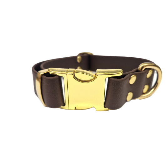 Brown 38mm Biothane dog collar with a gold buckle on a white background