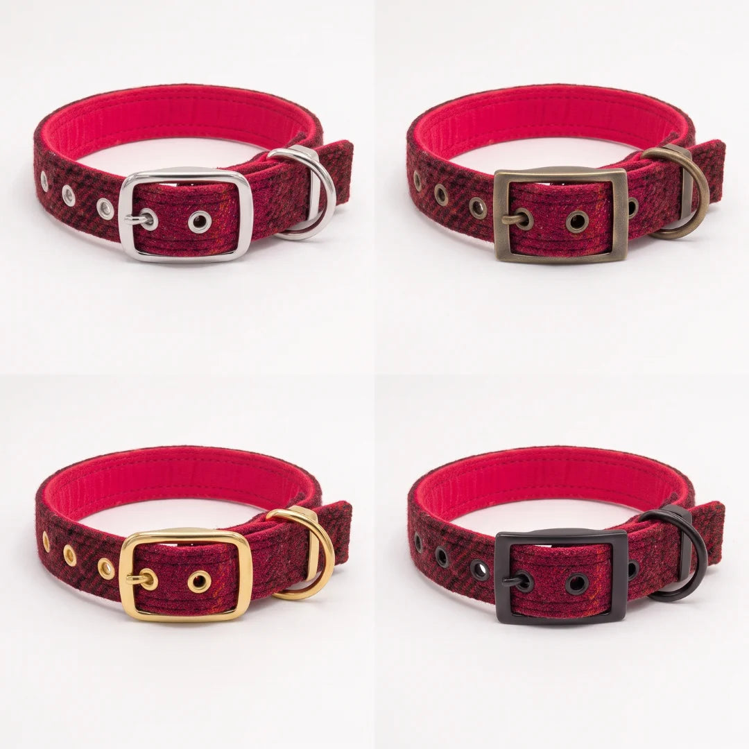 Four red textured dog collars with different buckle styles (silver, antique bronze, gold, and black) arranged in a 2x2 grid on a white background.