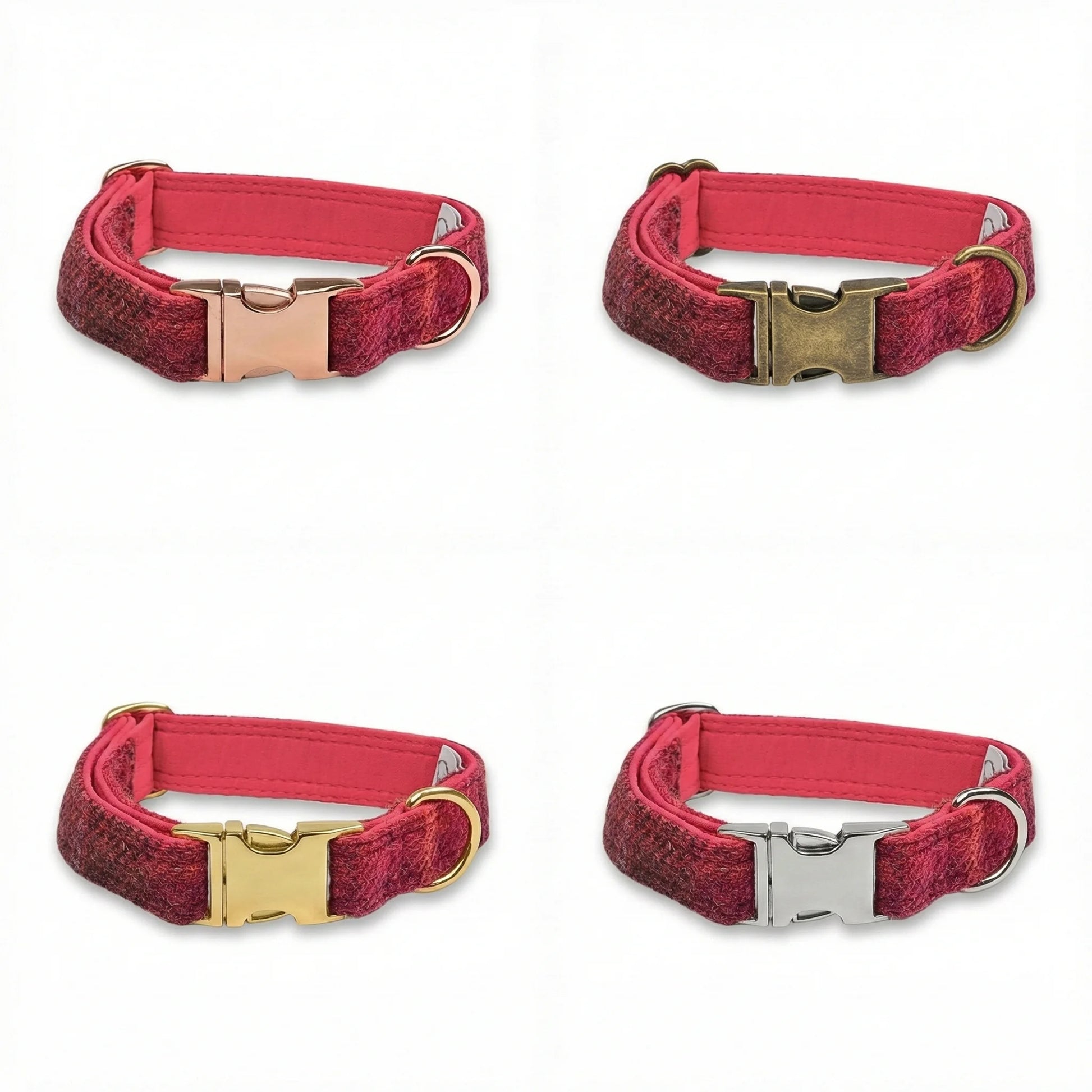 Four red dog collars with gold and silver buckles on a white background