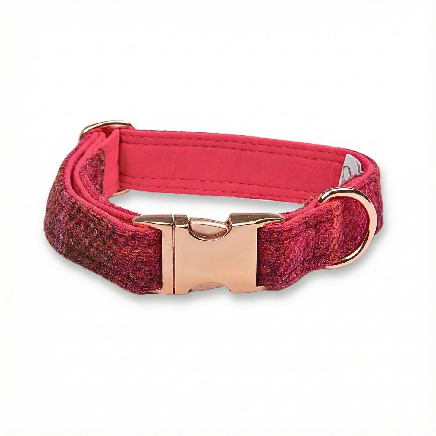 Deep fuchsia check Harris Tweed dog collar with rose gold buckle on a white background