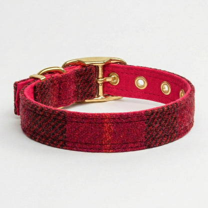 Red plaid dog collar with gold hardware on a light gray background