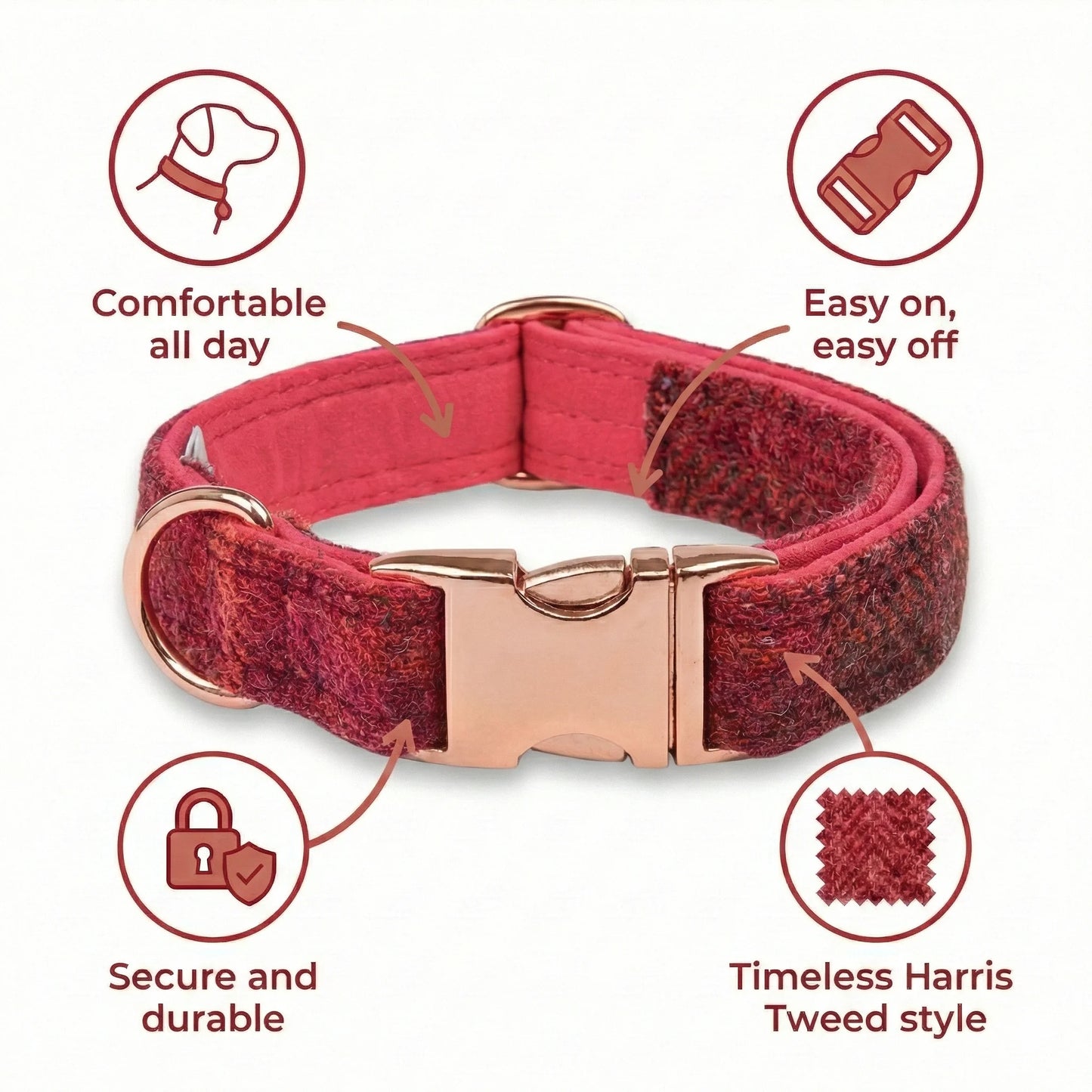 Deep Fuchsia Check Luxury Harris Tweed Dog Collar