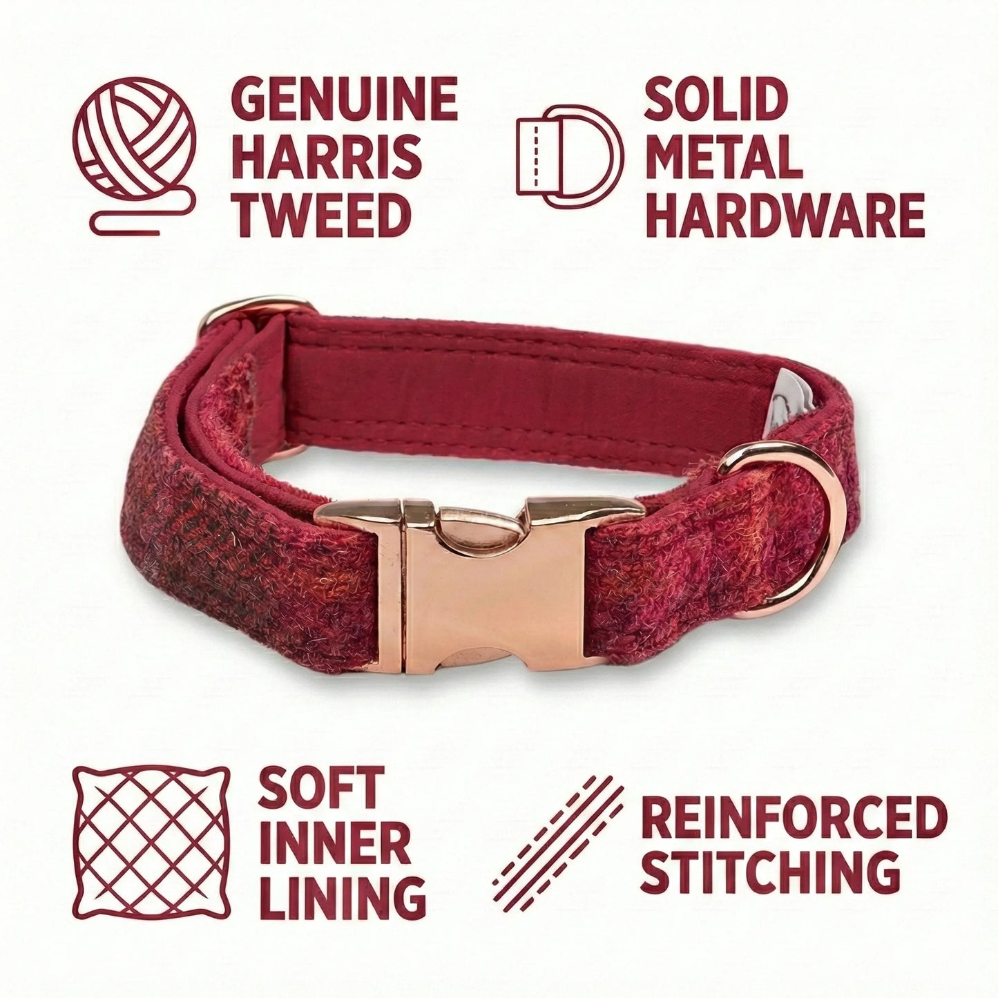 Deep Fuchsia Check Luxury Harris Tweed Dog Collar