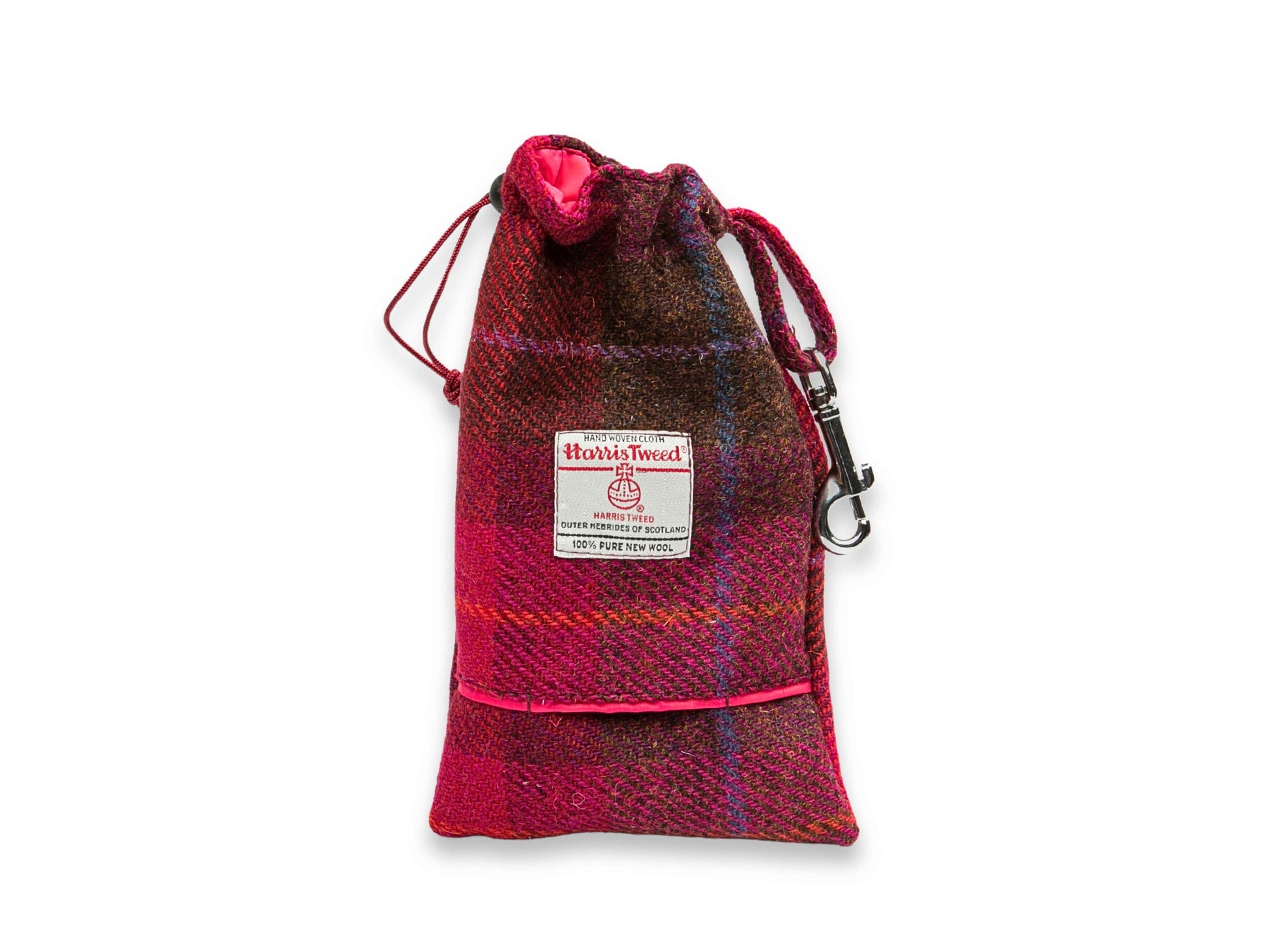 Deep fuchsia check Harris Tweed dog treat bag with poop bag dispenser