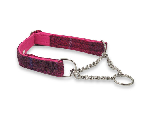 Deep fuchsia tweed martingale dog collar with half choke design, handmade in Yorkshire for gentle control and elegant everyday wear