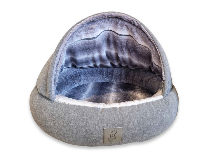 Grey Deluxe Comfort Cocoon Dog Bed with New Grey Faux Fur Interior