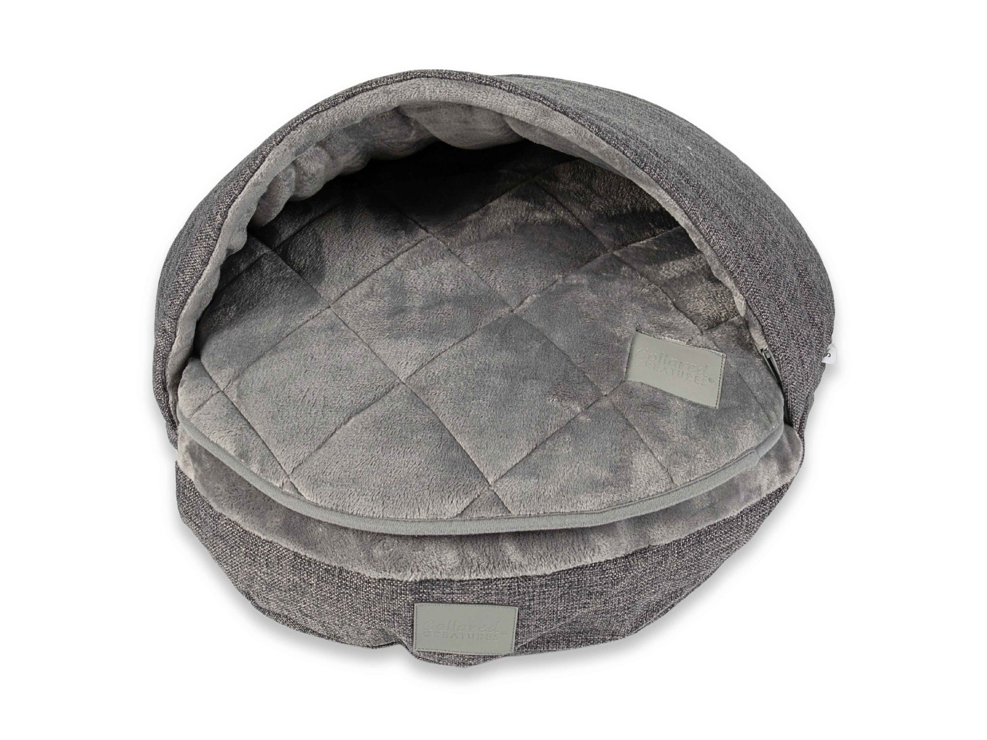 grey faux fur dog bed blanket inside dog cave bed