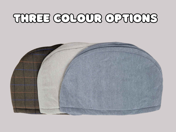 Three dog cave bed colour options: green tweed, beige, and grey